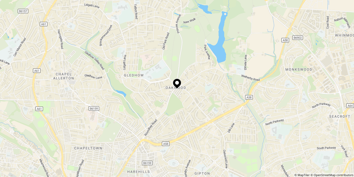 Approximate location of Oakwood Avenue, Oakwood, Leeds, LS8 2HZ